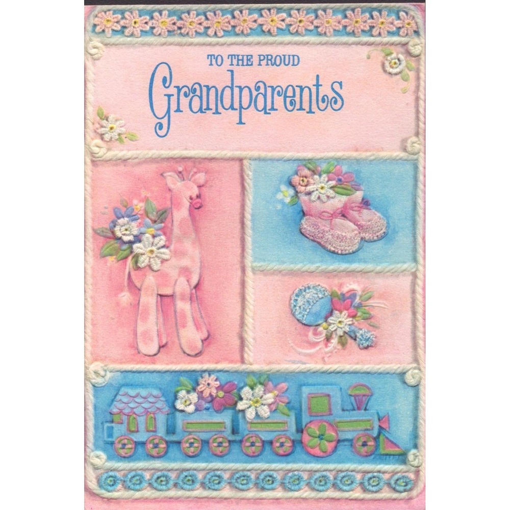 Vintage Hallmark New Baby Card Proud Grandparents Giraffe Train Embossed